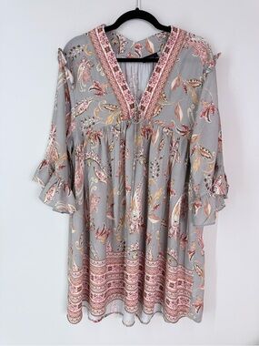 Vici Grey & Pink Boho Paisley Tunic Dress With Ruffle Sleeves Small